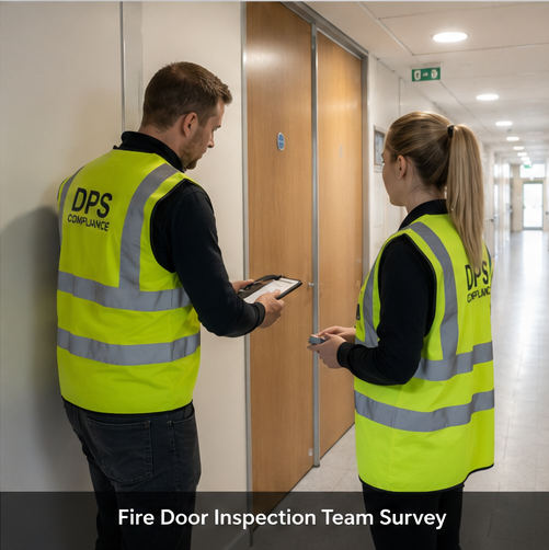 Professional fire door inspection in a UK commercial building