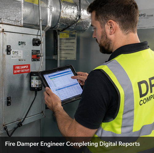 Professional fire safety inspector checking a commercial fire door and damper system in a modern facility